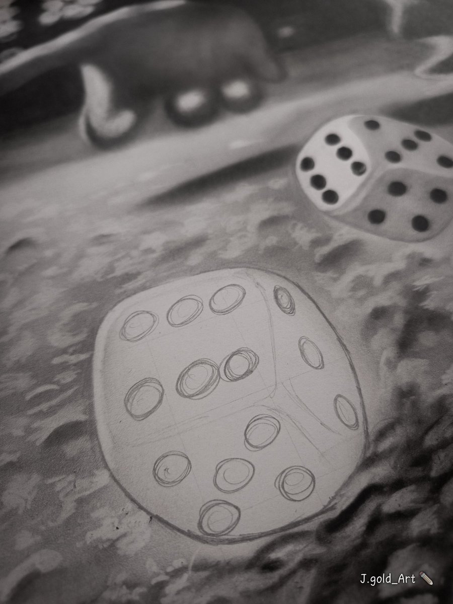 J_GOLD_ART's tweet photo. Take a chance, roll the dice, and see where life takes you...
 My new piece, 'Risk &amp; Reward', is a reminder that sometimes, the greatest rewards come from taking the biggest risks.
Full artwork drops tonight ✌🏼 #ArtRelease #PencilArt #inspiration https://t.co/NTaWNmUTq3