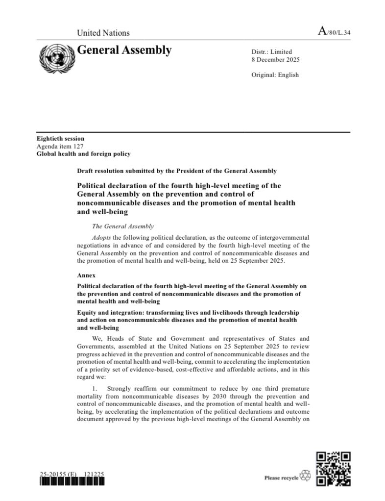 KulikovUNIATF's tweet image. Leaders from across the world at the Eightieth United Nations General Assembly (UNGA) have adopted the political declaration to combat noncommunicable diseases (NCDs) and mental health challenges through a fully integrated approach. This is the outcome of the intergovernmental…