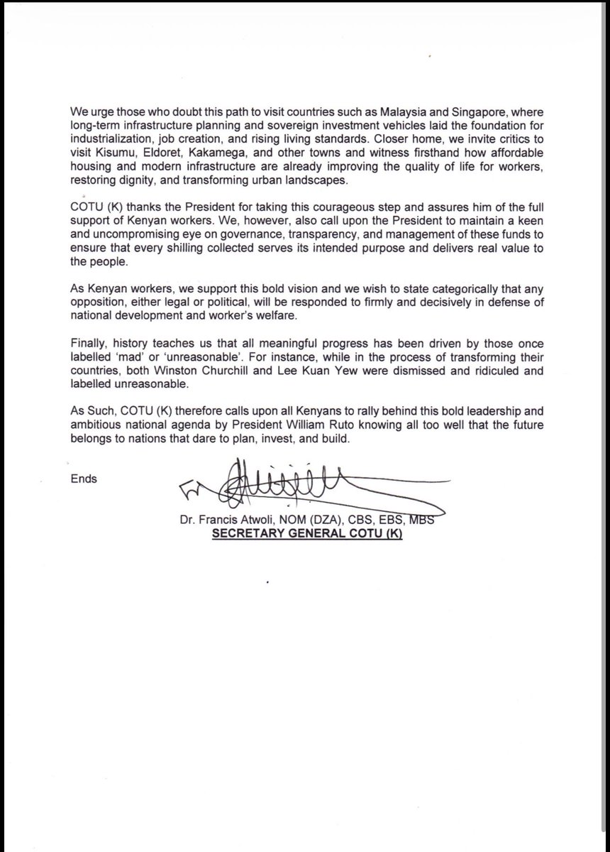 COTU (K) ON THE ESTABLISHMENT OF THE NATIONAL INFRASTRUCTURE FUND (NIF)