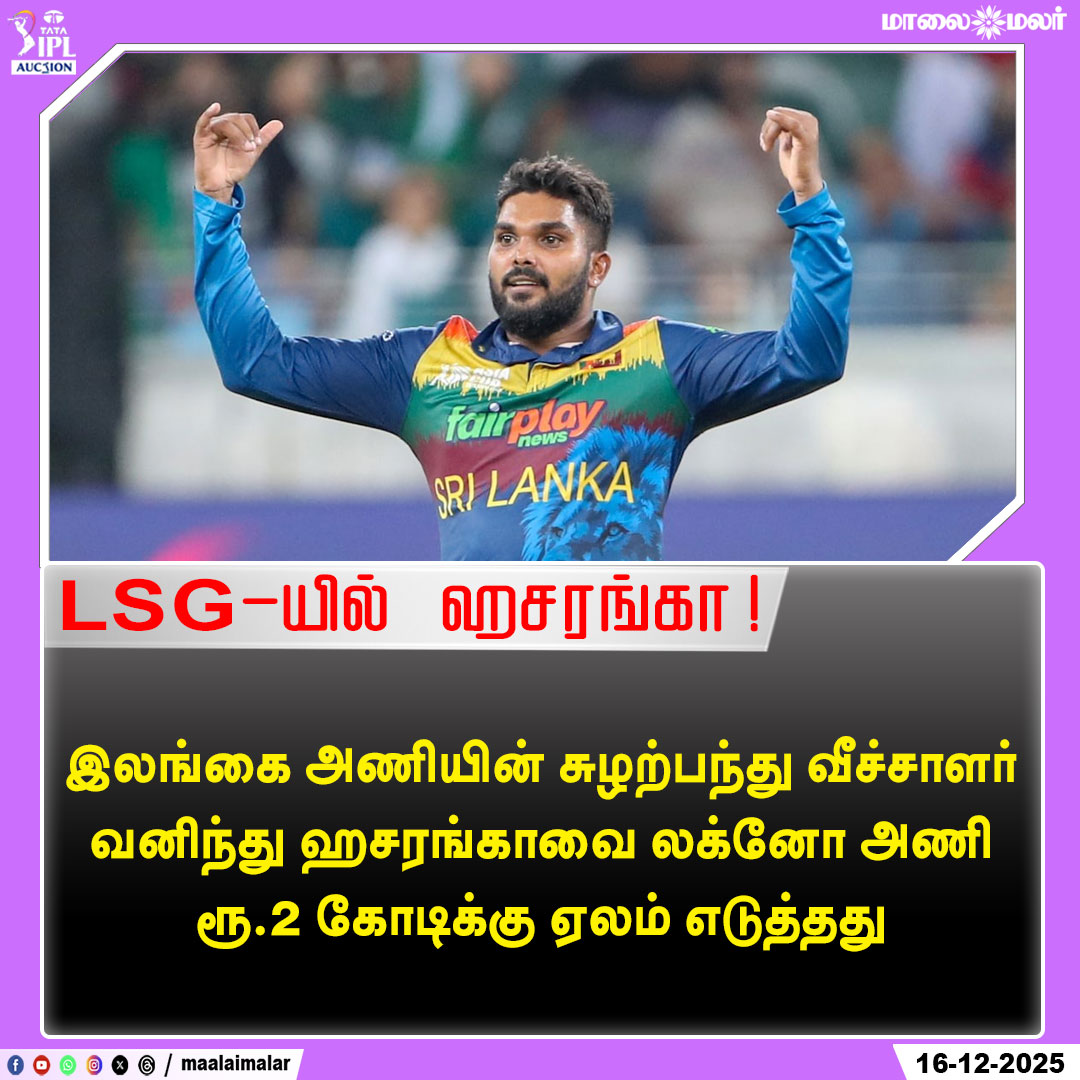 maalaimalar's tweet photo. LSG-யில் ஹசரங்கா!
#WaninduHasaranga #LSG #LucknowSuperGiants #IPLAuction #IPLMiniAuction #SpinWizard #SriLankaCricket #CricketNews #IPLUpdates #AuctionBuy #MMNews #Maalaimalar https://t.co/CeuZr8twwe