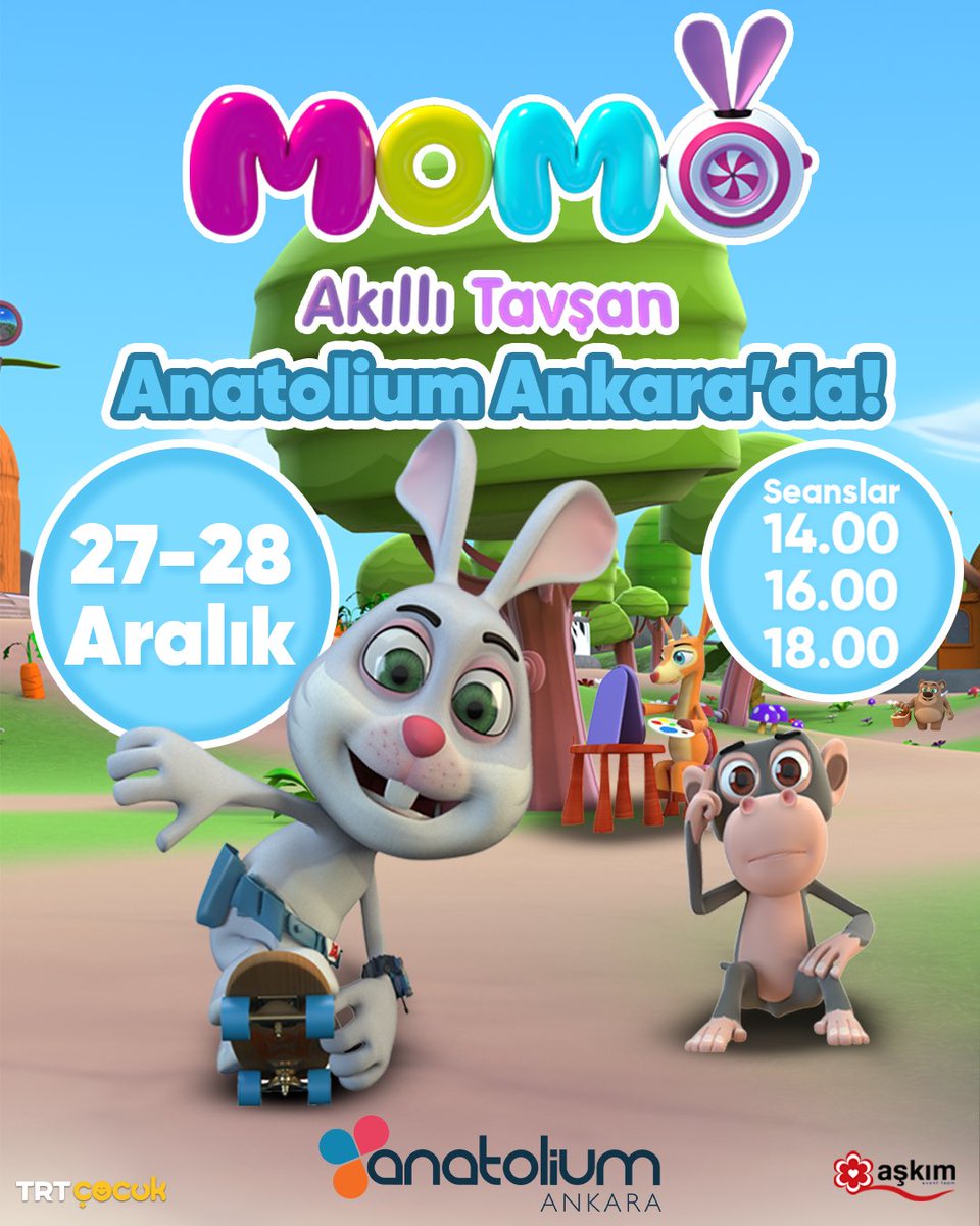 Sevilen çizgi film kahramanı Akıllı Tavşan Momo eğlenceli gösterisi ile 27-28 Aralık tarihlerinde Anatolium Ankara’da sizleri bekliyor!🥳🥳

✨Etkinlik seansları 14.00-16.00-18.00’dır.

✨Etkinliğimiz ücretsizdir.

#avmetkinliği #trtçocuk #akıllıtavşanmomo #anatoliumankara
