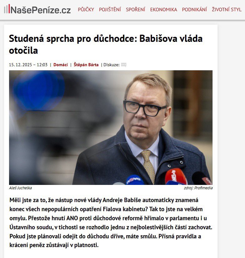 Hnutí ANO strávilo měsíce (ne-li roky) tím, že démonizovalo Fialovu vládu za to, že se snaží udělat nutné, byť nepopulární kroky k udržitelnosti důchodového systému. Hřímali u pultíku, podávali ústavní žaloby a strašili seniory. 

A teď…sami couvají…volič důchodce z toho nebude