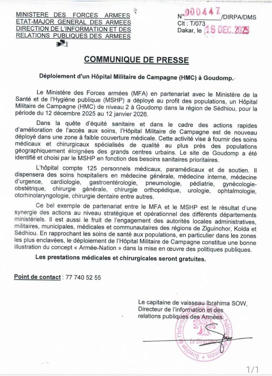 Intelligency225's tweet photo. #Senegal 🇸🇳 EMG: communiqué relatif au déploiement d'un Hopital Militaire de Niveau 2 à #Goudomp. https://t.co/JKG2MxCkvb