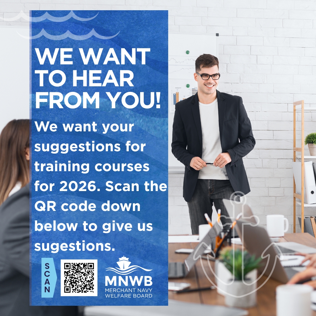 Got any ideas for training courses you'd like to see in 2026? 🌊⚓ We're expanding our offerings to better support seafarers' welfare. Share your suggestions via the QR code or here 👉 bit.ly/3KIytn2 #SeafarersWelfare

 #TrainingCourses #MNWB