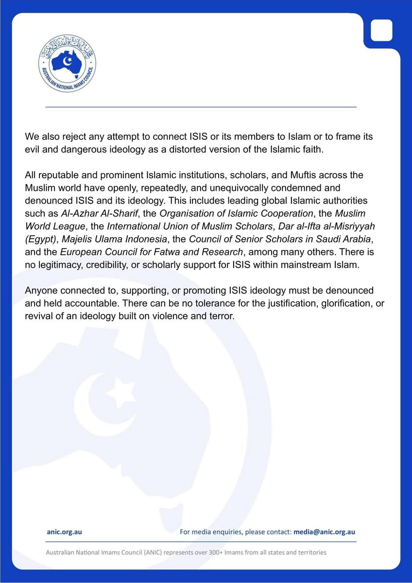 ImamsCouncil's tweet image. ISIS Is an Evil and Dangerous Terrorist Organisation With NO Connection to Islam

The Australian National Imams Council, as the highest Islamic and religious authority in Australia, together with its member Imams and religious leaders, unequivocally condemns ISIS as an evil,…