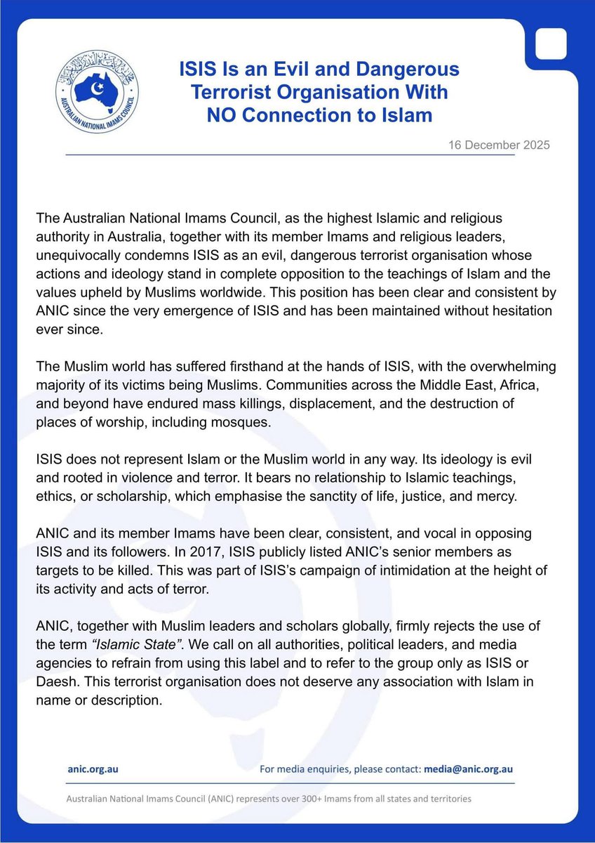 ImamsCouncil's tweet image. ISIS Is an Evil and Dangerous Terrorist Organisation With NO Connection to Islam

The Australian National Imams Council, as the highest Islamic and religious authority in Australia, together with its member Imams and religious leaders, unequivocally condemns ISIS as an evil,…