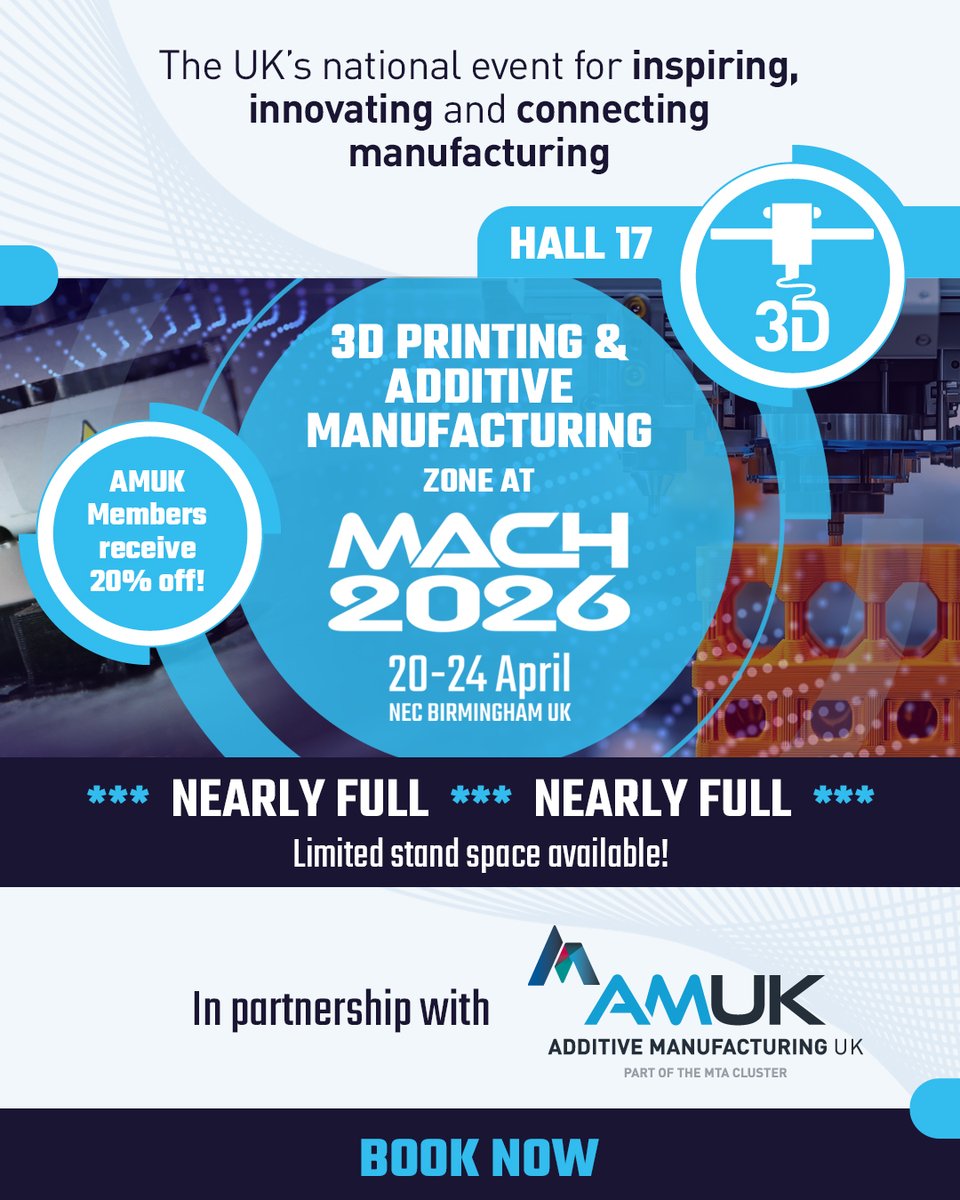 The AM Zone at <a href="/MACHexhibition/">MACH Exhibition</a> is nearly full!⚡️

Don’t miss your chance to exhibit alongside some of the leading names in the industry.

Limited space remains, book your stand today! 🔗🔥

#MACH2026 #AMUK #Events