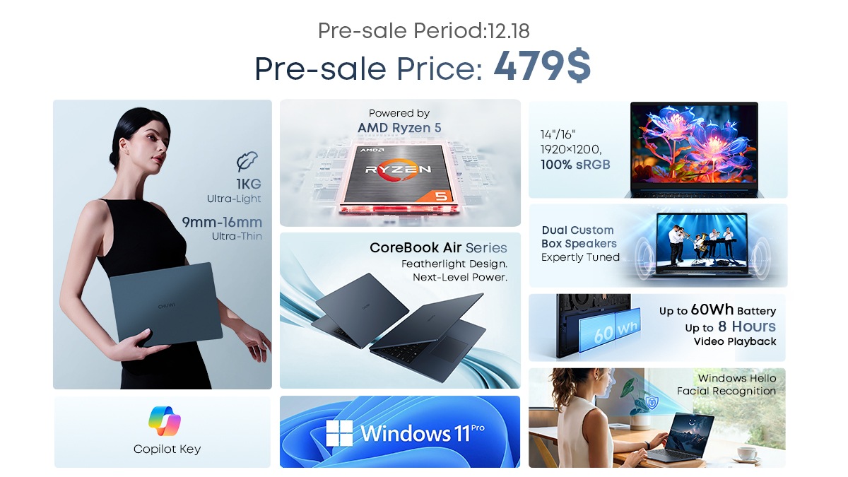 chuwidotcom's tweet photo. Pre-sale starts Dec 18.
Meet the new CoreBook Air — ultra-light, powerful, and priced to win.
⚡  Early Bird $479 — limited availability.
🔗 https://t.co/4VnDlA42TW https://t.co/3BkNEZsZdF