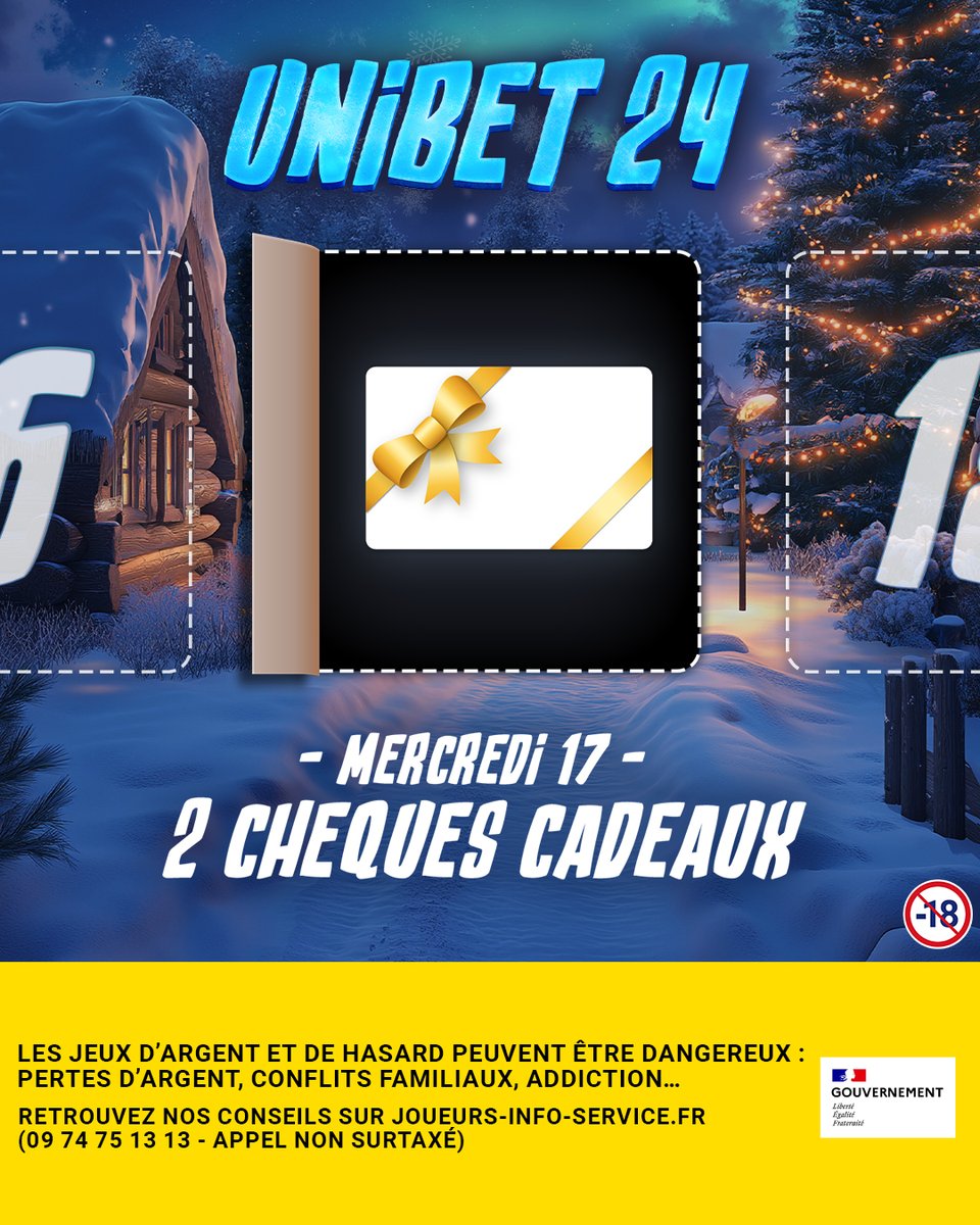UnibetFrance's tweet image. 🎄 𝗖𝗔𝗦𝗘 𝟭𝟳 - 𝗨𝗡𝗜𝗕𝗘𝗧 𝟮𝟰 ❄️

🎟️ Derrière ta case il y a 2 chèques cadeaux d'une valeur de 100€ à gagner !

👉 RT + Follow @UnibetFrance + #Unibet24