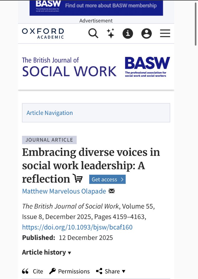 iam_mattakinss's tweet photo. Proud to share that my paper titled “Embracing diverse voices in social work leadership: A reflection” has been published in The British Journal of Social Work. https://t.co/LzRixwmUxe
