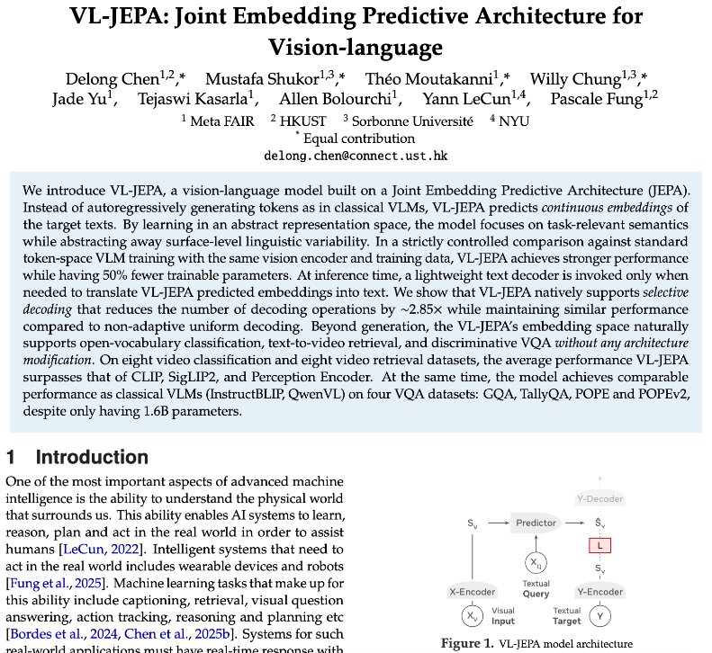 MustafaShukor1's tweet image. VL-JEPA is out! A non-generative vision-language model, based on JEPA. Different from typical data-space autoregressive VLMs, VL-JEPA is trained to predict continuous embeddings in the latent space. (1/N)