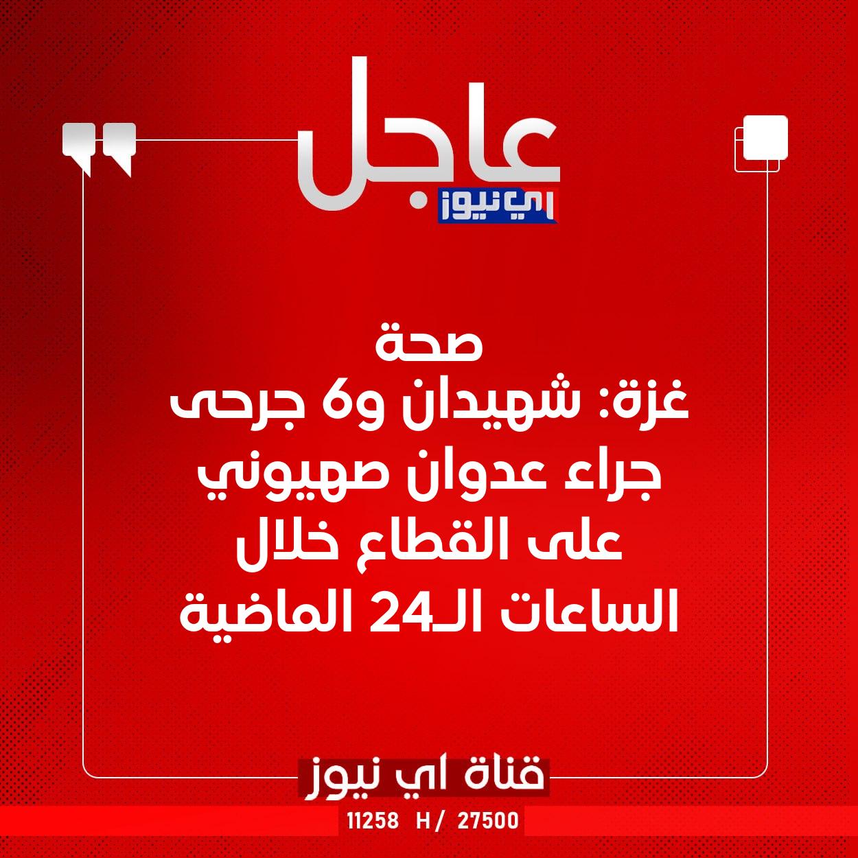 عاجل صحة غزة: شهيدان و6 جرحى جراء عدوان صهيوني على القطاع خلال الساعات الـ24 الماضية #اي_نيوز 