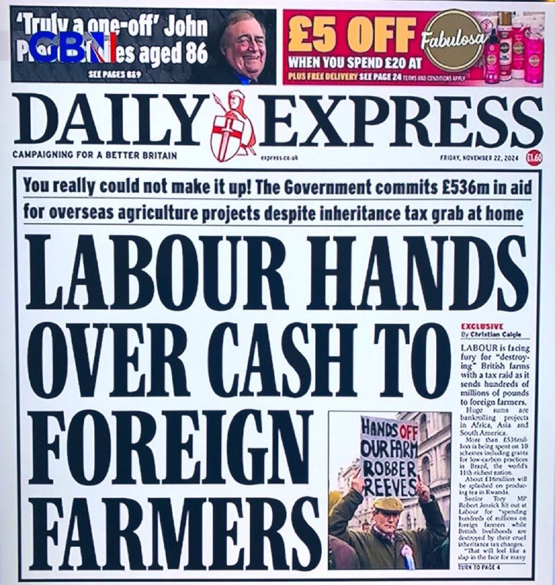 NoFarmsNoFoods's tweet image. The Labour government commits £536m in aid for overseas agriculture projects but takes £500m in a inheritance tax grab against family farmers in the UK.