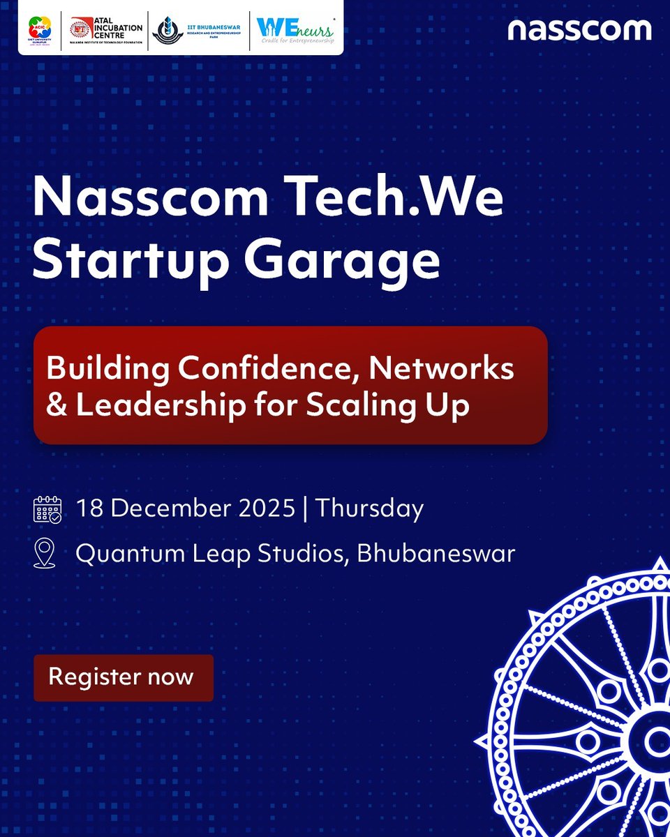 Scaling a startup takes more than a strong idea. It takes confidence to lead, networks that open doors, and the clarity to make bold decisions.

The Nasscom Tech. We Startup Garage Session in Bhubaneswar is designed to equip women tech founders with exactly that practical