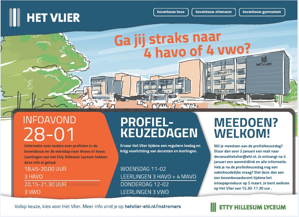 Het Vlier organiseert meerdere voorlichtingsmomenten voor ouders en leerlingen. Op 28 januari is er een infoavond voor ouders over de overstap naar 4 havo of 4 vwo. 

Volop keuze, kies voor Het Vlier!

#profielkeuze #bovenbouw #havovwo #deventer #onderwijs #vo #middelbareschool