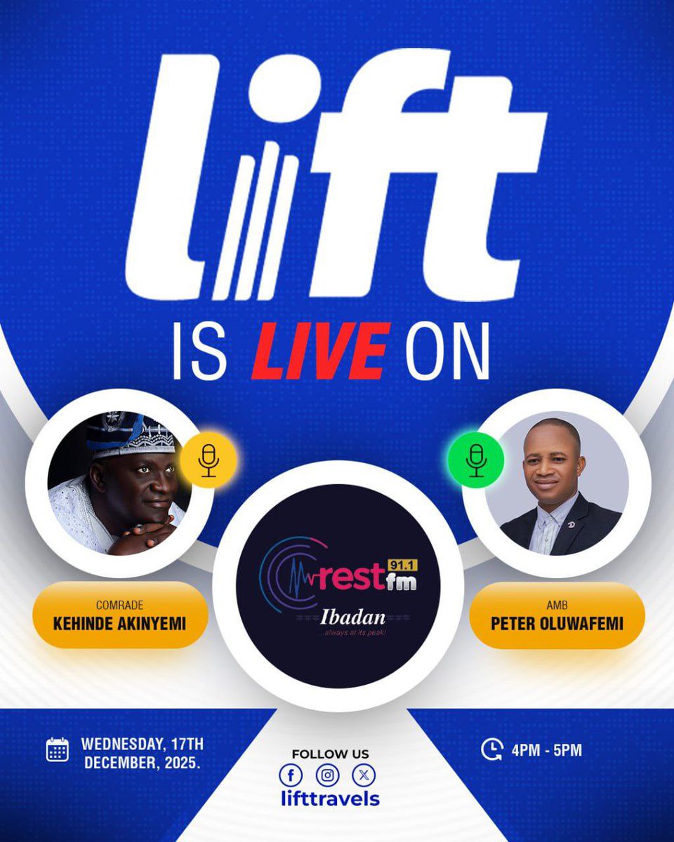 LiftTravels's tweet image. 🚀 Lift Is Live On Radio! 🎙️

Great news, Lift family!
Lift Travels will be LIVE on Crest FM 91.1, Ibadan for an exclusive radio discussion on the future of transportation, innovation, and community-powered mobility.

🎤 Guests:

Comrade Kehinde Akinyemi

Amb. Peter Oluwafemi