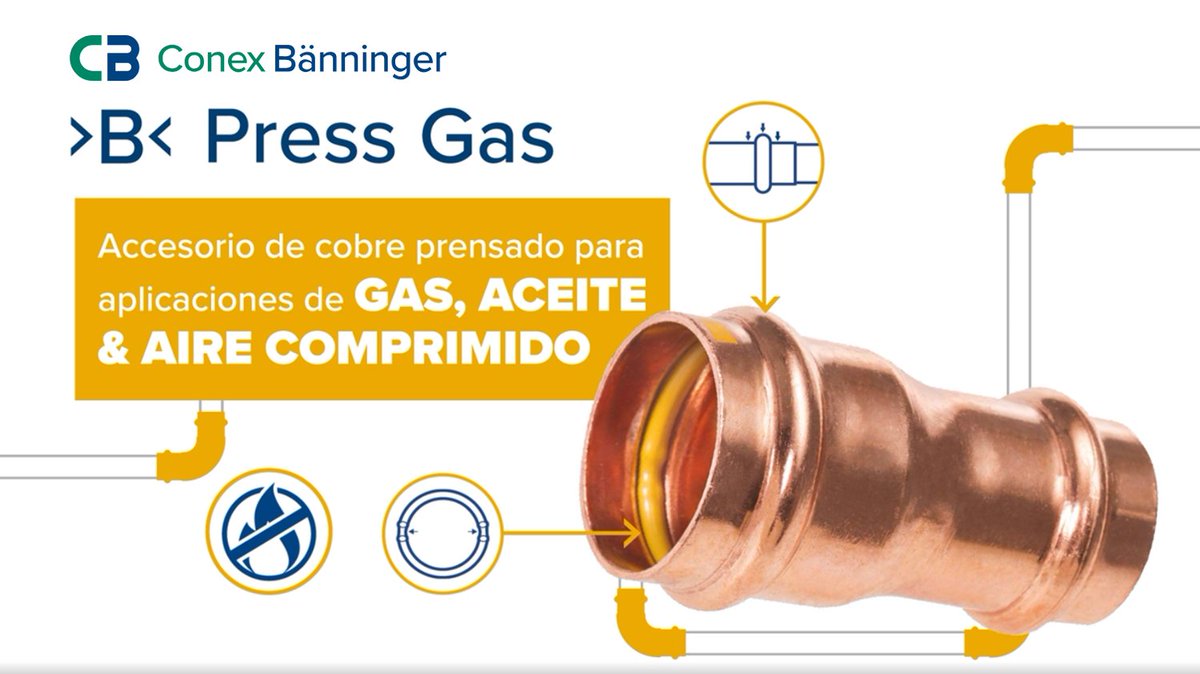 Destacamos los accesorios de cobre de <a href="/ConexBanninger/">Conex Bänninger</a>. Su gama >B< Press Gas lleva junta tórica amarilla para trabajar Gas Natural y GLP con máxima seguridad. Rapidez de montaje asegurada. 

conexbanninger.com/es/ranges/pren…

#Climatización #Cobre #ConnexBaninger #ComunidadInstaladores