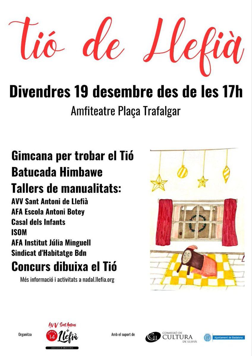 Ja queda menys pel #Tió comunitari de #Llefià #Badalona 🎁

📌Divendres 19/12 des de les 17h
📍Amfiteatre Pl Trafalgar

Gimcana per trobar el #Tió comunal
🥁Batucada Himbawe
Tallers infantils de #Nadal
🎨Concurs dibuixa el #Tió

+Activitats
nadal.llefia.org
