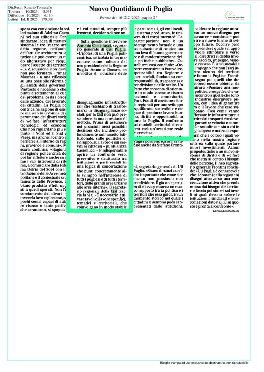 CislPuglia's tweet image. #Puglia policentrica, @CastellucciAnto su Quotidiano di Puglia: prima di ogni decisione politica indispensabile confronto vero e strutturato con @RegionePuglia 
Leggi l'articolo ⤵️