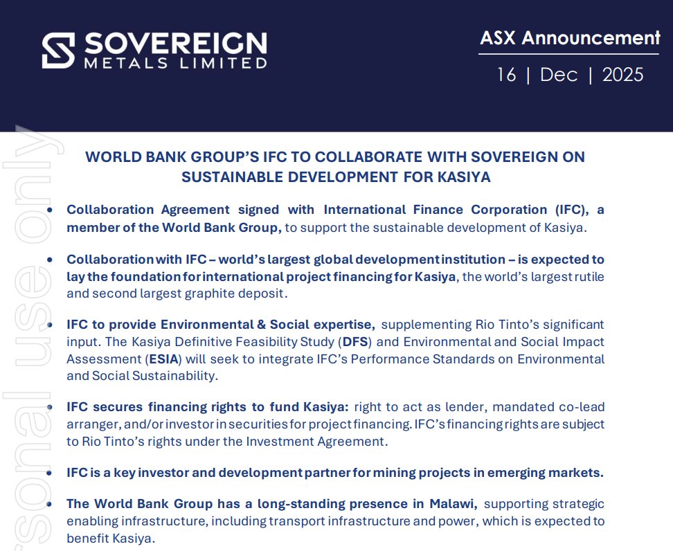 A Tier 1 project that now has not only Rio Tinto as a strategic investor but also the IFC, a World Bank company, as a partner. This further confirms the quality of the project and the company. $SVM.ax $SVML cdn-api.markitdigital.com/apiman-gateway…