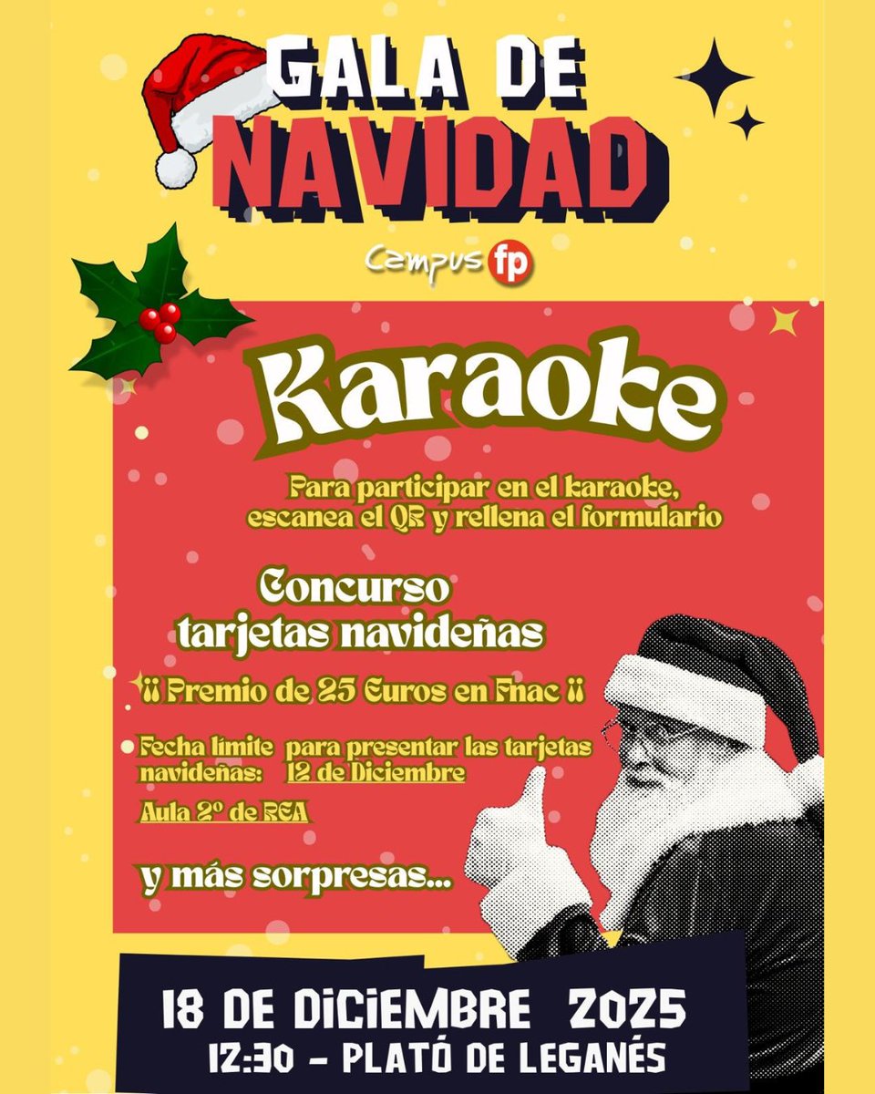 🎅🎄 El próximo jueves 18, CampusFP Leganés celebrará su Gala de Navidad. Con un Karaoke que promete una jornada llena de risas y diversión, concurso de tarjetas navideñas, y alguna sorpresa más... ¡A divertirse!

#Navidad #CampusFP #Leganes
