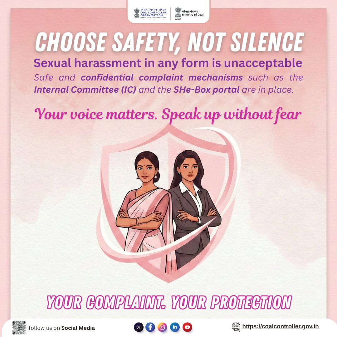 CCO_MoC's tweet image. Choose safety, not silence.
Speak up without fear.
 Your Complaint. Your Protection.
#ChooseSafety #SpeakUp #SafeWorkplace #POSHAct #SHeBox #WomenAtWork #RespectAtWork