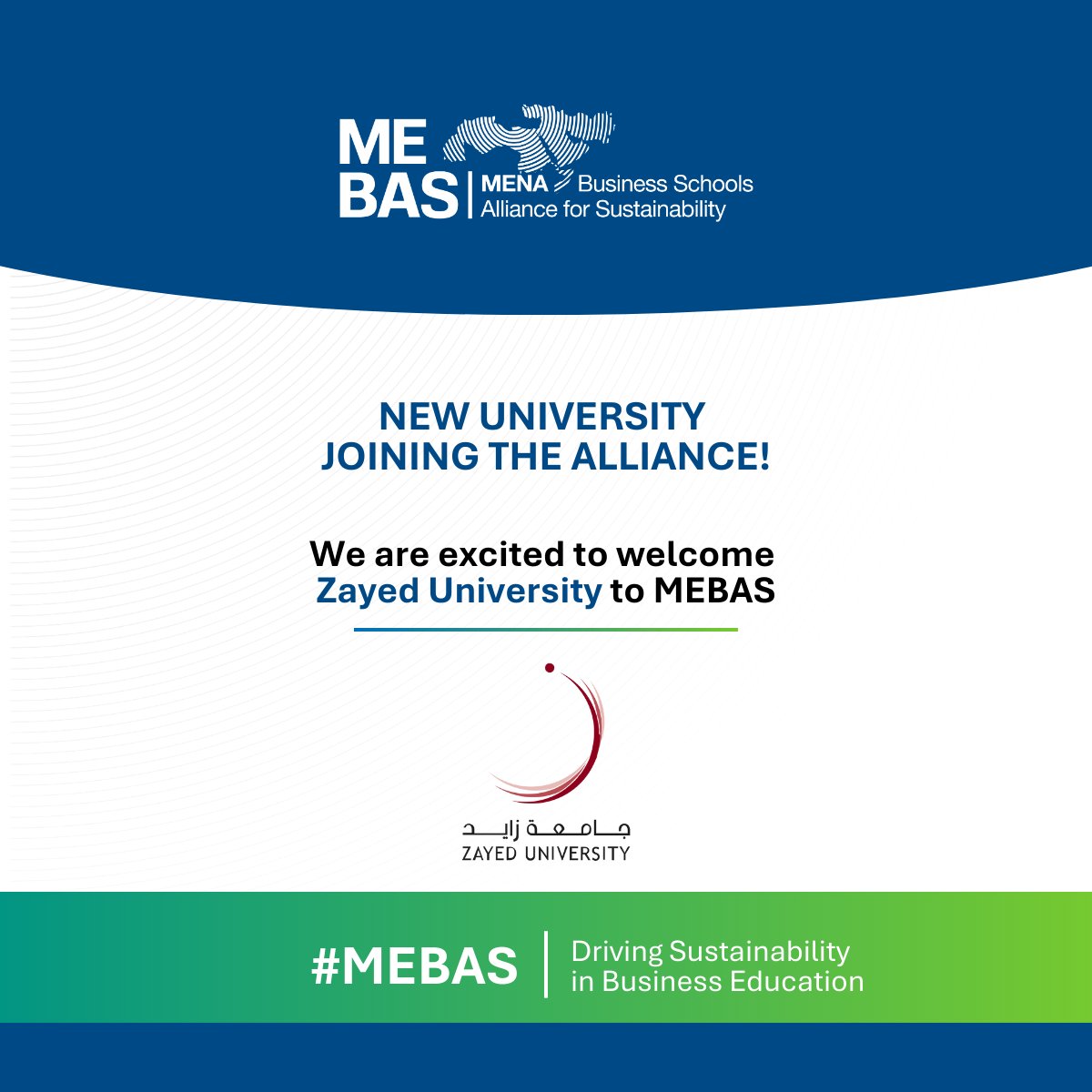 MEBAS_Alliance's tweet photo. We are pleased to welcome @zayedu, United Arab Emirates, as a new member of the MENA Business Schools Alliance for Sustainability (MEBAS).
This addition strengthens our regional collaboration and shared commitment to advancing sustainability in business education.
#MEBAS #MENA https://t.co/PMkrnfb2t8
