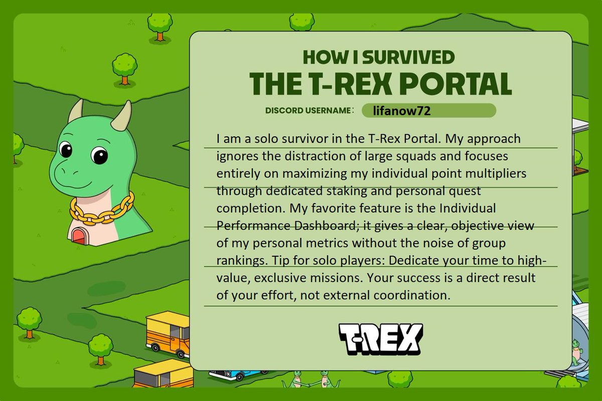 Proud solo operator here! Survival in the T-Rex Portal doesn't require a squad—it requires high individual commitment and optimized staking. My performance, my rewards. Join the independent path: s.trex.xyz/llt3DU #TRexPortal <a href="/TREX_chain/">T-REX 🦖</a>