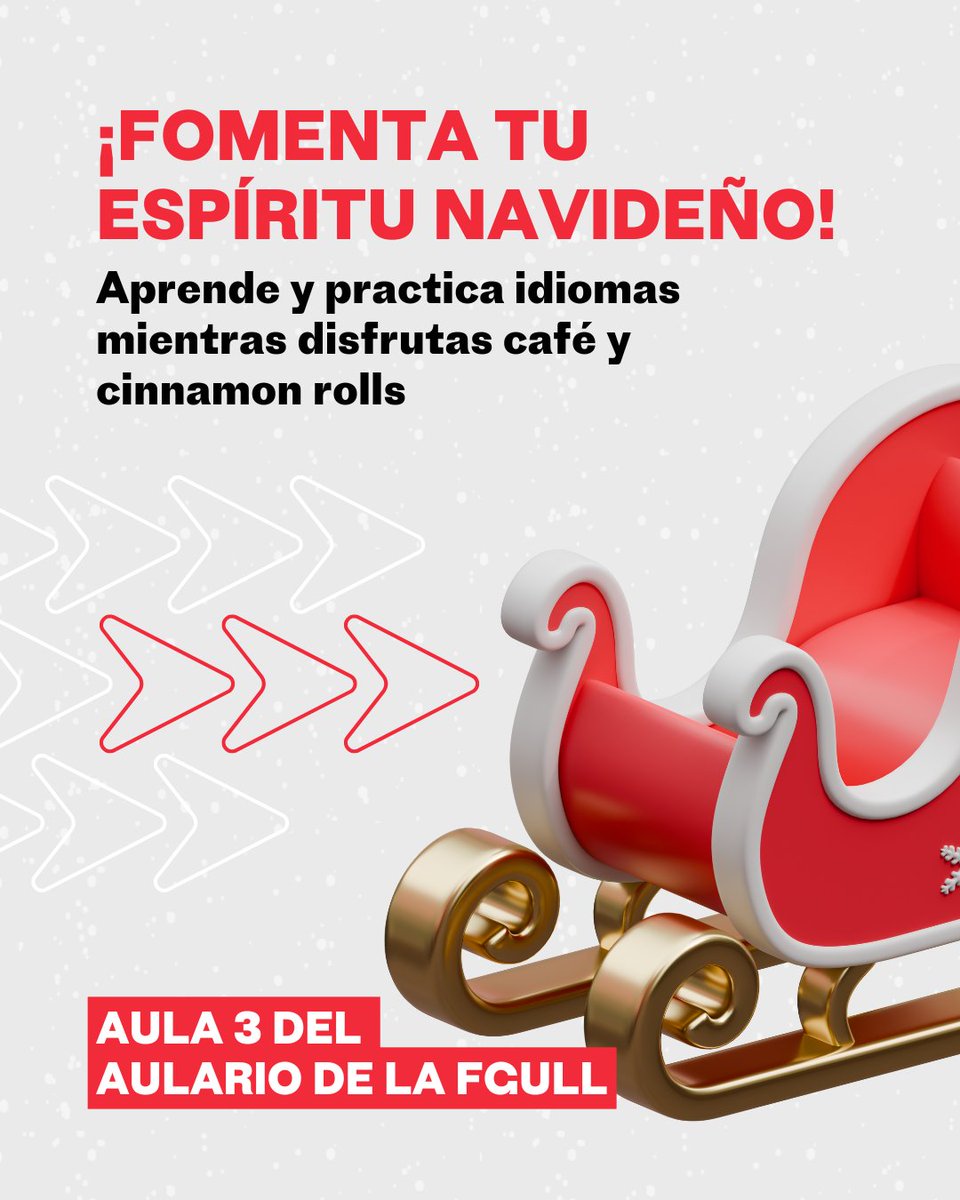 fg_ull's tweet photo. ¡Fomenta tu espíritu navideño en otros idiomas! 🎄

Este 17 de diciembre de 18:00 a 19:00 horas, ven al Aula 3 del Aulario de la #FGULL y disfruta de un rato relajado practicando idiomas, con café calentito y cinnamon rolls 🥐 ☕

#idiomasull #intercambiodeidiomas #ULL https://t.co/DzsGGbOK19