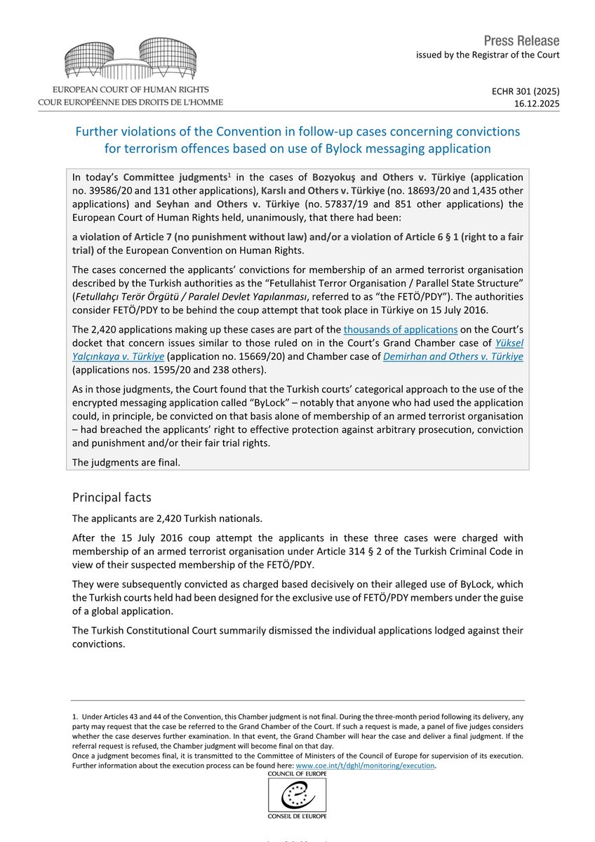 AİHM'den beklenen ihlaller geldi.

AİHM, bugün verdiği kararlarla Yalçınkaya içtihadı kapsamındaki başvurulara ilişkin yeni bir eşiği daha aşmıştır. Daha önce ayrı ayrı komünike edilen dosyalar yeniden tasnif edilerek üç büyük grup altında birleştirilmiş, bu üç grup dosyada