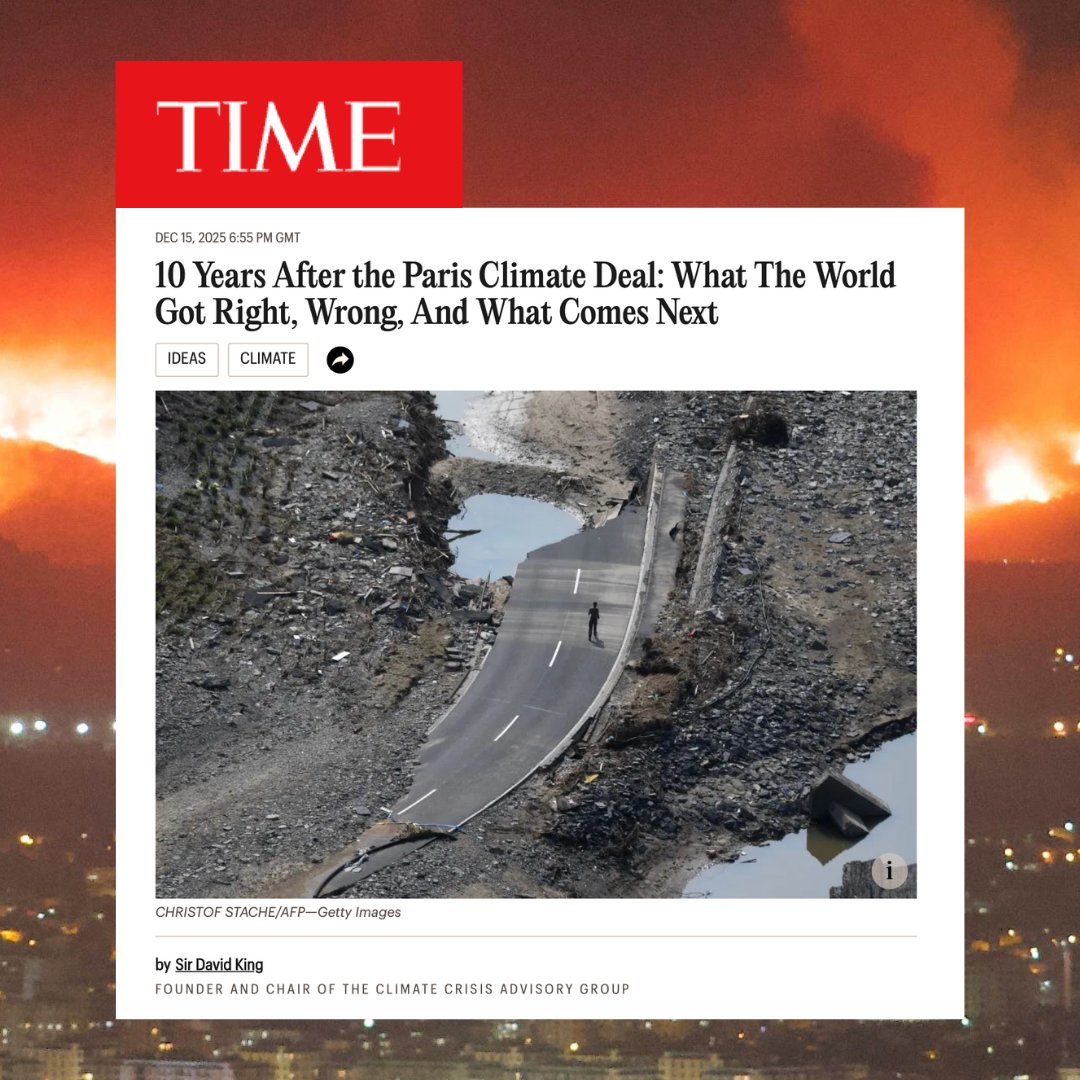 ClimateCrisisAG's tweet photo. Ten years after the Paris Agreement, CCAG Chair @Sir_David_King reflects in @TIME on what has been achieved, and what must change.

He warns that the greatest failure of the past decade has been finance: wealthy nations have underdelivered on their promises, eroding trust and slowing ambition. Yet, as Sir David argues, the capital to act exists – what’s missing is political coherence and sustained leadership.

Read the full article here: https://t.co/ibZcV3Iadh