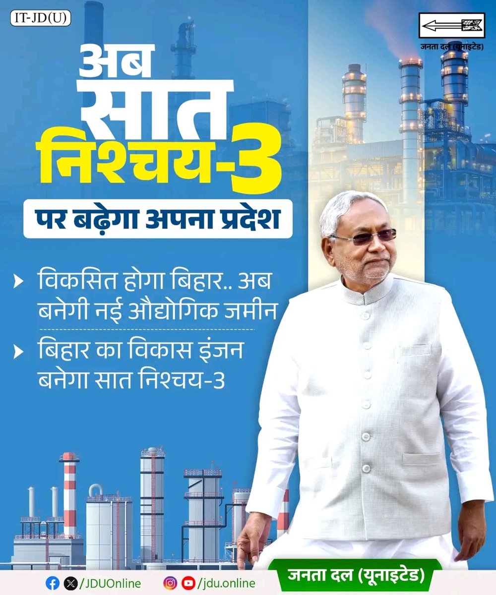 सात निश्चय - 1 और 2 के बाद अब सात निश्चय - 3 के जरिए माननीय मुख्यमंत्री श्री नीतीश कुमार जी बिहार को विकास की नई ऊंचाई पर ले जाने के मिशन पर जुट गए हैं।

<a href="/NitishKumar/">Nitish Kumar</a> 

#7Nischay3 #Bihar #NitishKumar 
#JDU #JanataDalUnited