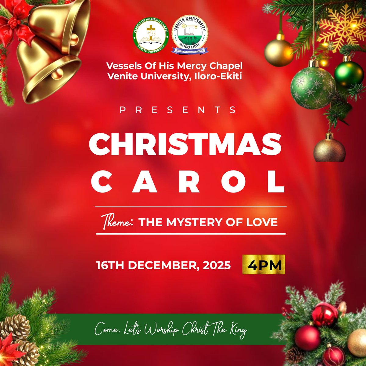 VeniteUni_NG's tweet photo. Venite University, Iloro-Ekiti, in collaboration with Vessel of His Mercy Chapel, warmly invites you to our Christmas Carol service happening today, December 16, 2025, by 4 pm.

Join us as we celebrate the birth of Jesus Christ, our Saviour, in songs, worship, and thanksgiving. https://t.co/cYIAfl4Nnc