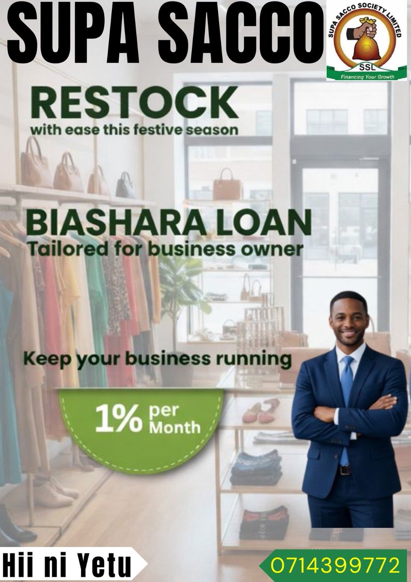 supasacco's tweet photo. Festive Season = Business Season
Your Business Deserves a Merry Upgrade.
Get a Biashara Loan this festive season and unlock new growth opportunities.
Fast processing • Friendly rates • Convenient repayment #BusinessGrowth https://t.co/QMNWCV9AVt