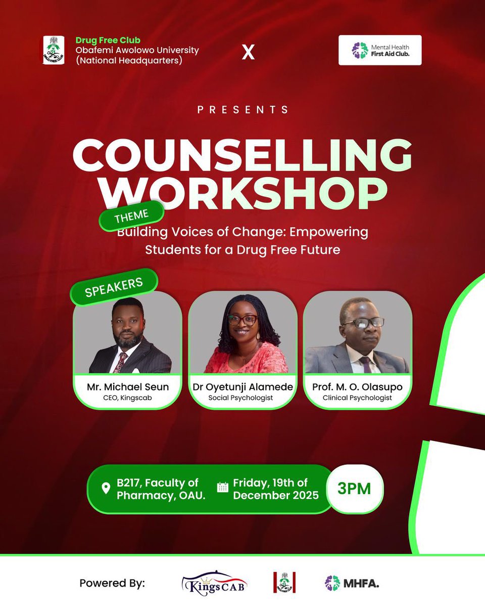 Young people face silent struggles and pressure more than ever, real support matters.

That’s why the Drug Free Club OAU, in partnership with MHFA and the Department of Psychology is hosting a workshop 

REGISTER NOW:
forms.gle/UEFESKATyygWXF…

#SpotifyWrapped #December #oau