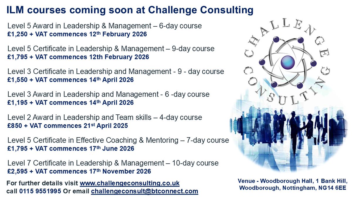 Forthcoming ILM Leadership, Management &amp; Coaching Courses - Challenge Consulting Nottingham - mailchi.mp/bd529b3a3e7c/f…