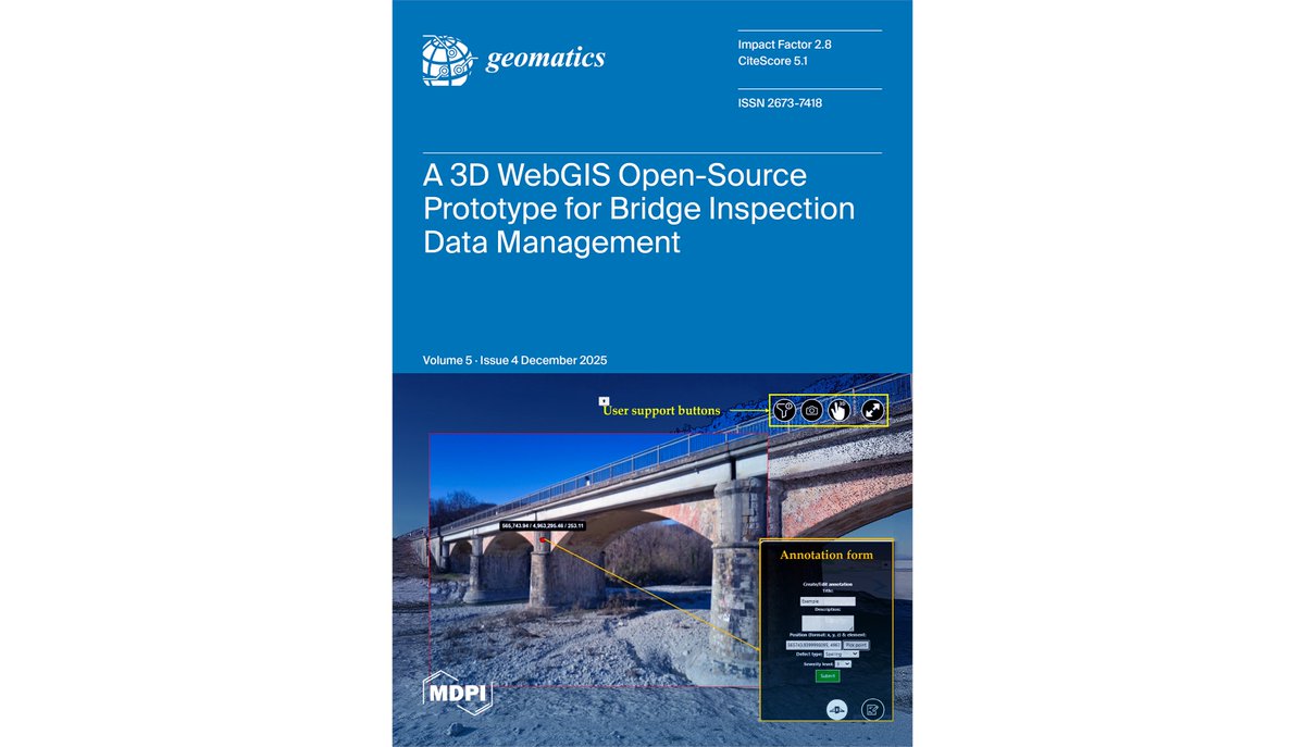🌟 We are pleased to share that Volume 5, Issue 4 (December 2025) of #Geomatics is out!

🗺️Cover Paper: A #3D #WebGIS Open-Source Prototype for Bridge Inspection Data Management

👉 Explore the full issue and discover the latest research contributions: bit.ly/4oV3x12