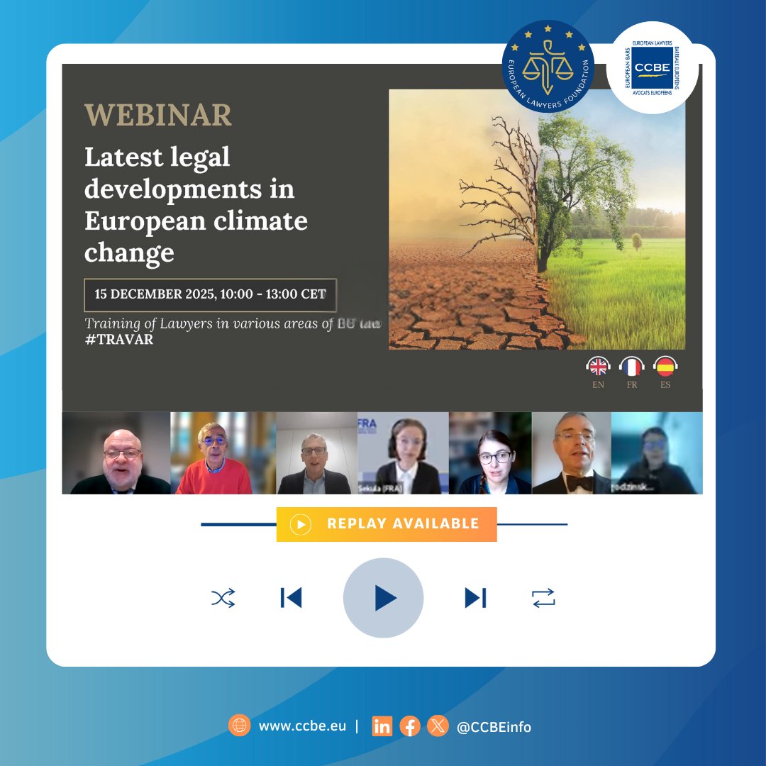 CCBEinfo's tweet image. 💻Plus de 375 participants ont assisté à notre webinaire sur «Les dernières évolutions juridiques en matière de changement climatique en Europe», dans le cadre du projet #TRAVAR financé par l'UE.
🎦Regardez la rediffusion : youtube.com/watch?v=XpeAm8…
🔎Infos elf-fae.eu/wp-content/upl…