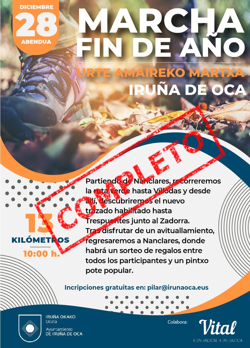 Ya se han completado todas las plazas que habíamos dispuesto para la Marcha Fin de Año que celebraremos el 28 de diciembre. Muchas gracias a todos por vuestra respuesta. Las personas inscritas recibirán un mail con las últimas indicaciones para disfrutar al máximo de la jornada.