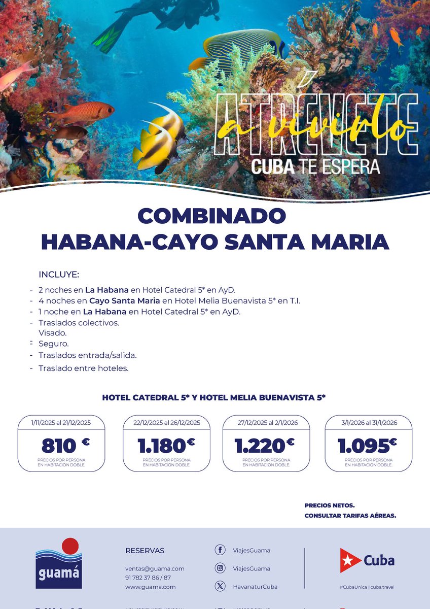 Te traemos otra de nuestras ofertas para estas navidades. 🎄🏖✈️ Descubre La Habana y Cayo Santa María con hoteles Meliá ⭐️⭐️⭐️⭐️⭐️. ¡No lo dejes escapar!

#CubaTeEspera #AtreveteaVivirlo #traveling #DestinoCuba #viajes