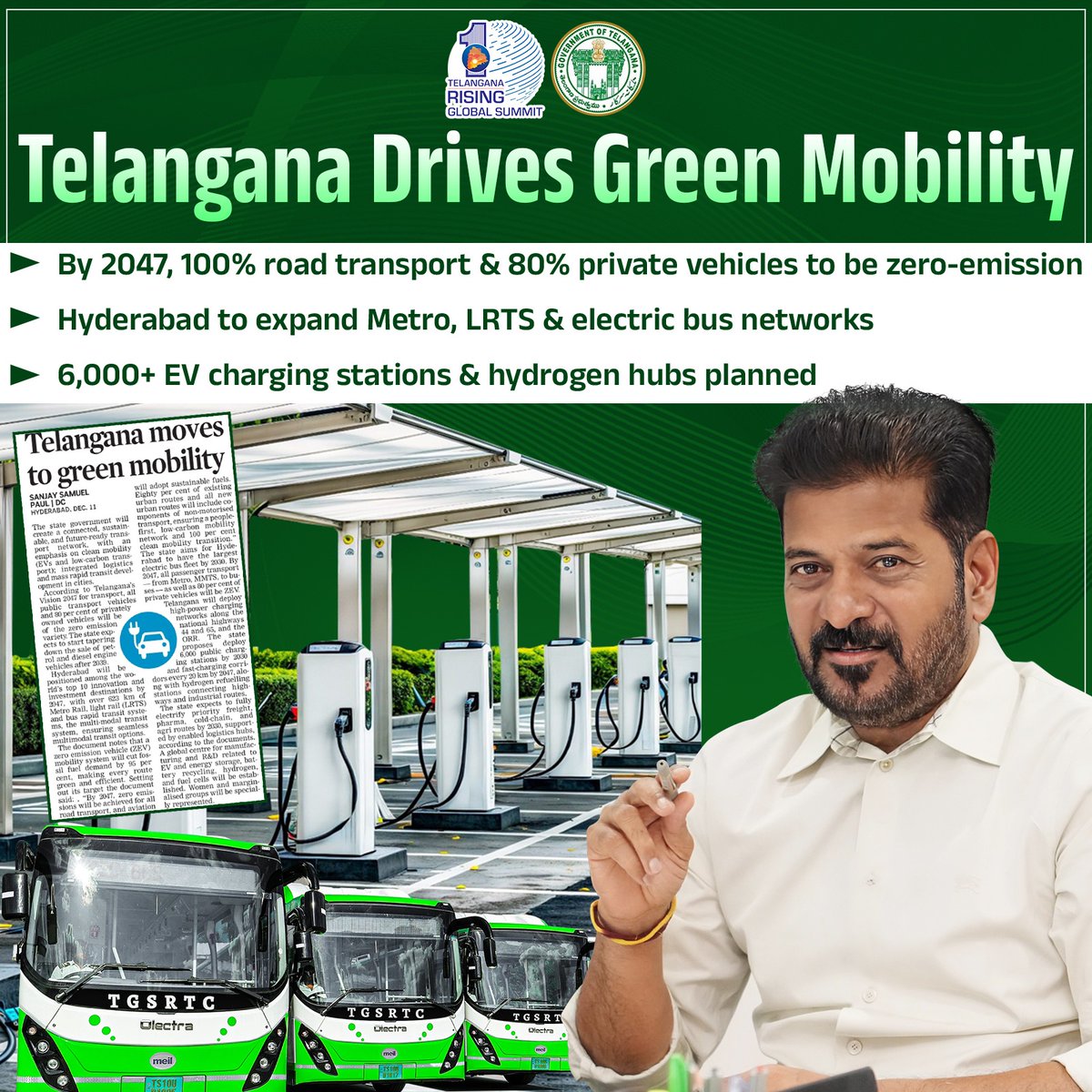 Gulabi_Ratnalu's tweet photo. తెలంగాణ 2047 నాటికి 100% రోడ్డు రవాణా &amp; 80% ప్రైవేట్ వాహనాలు సున్నా ఉద్గారాలతో, మెట్రో, LRTS &amp; EV నెట్‌వర్క్‌ల విస్తరణతో గ్రీన్ మొబిలిటీ ముందుకు.
#TelanganaRising #GreenMobility #EVInfrastructure #FutureTransport #TSDevelopment https://t.co/Xnv8AvupET