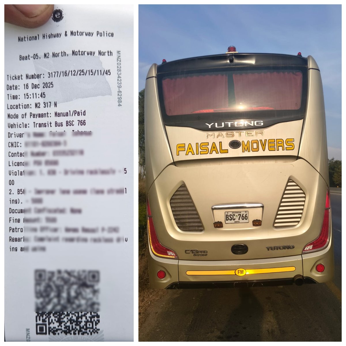 <a href="/howaiskhan/">Owais Ahmad Khan</a> Dear Owais,   
Your complaint was noted for action, as a consequence of which the bus was intercepted by officers of NHMP and subjected to legal proceedings.    
Best Regards,  
NHMP