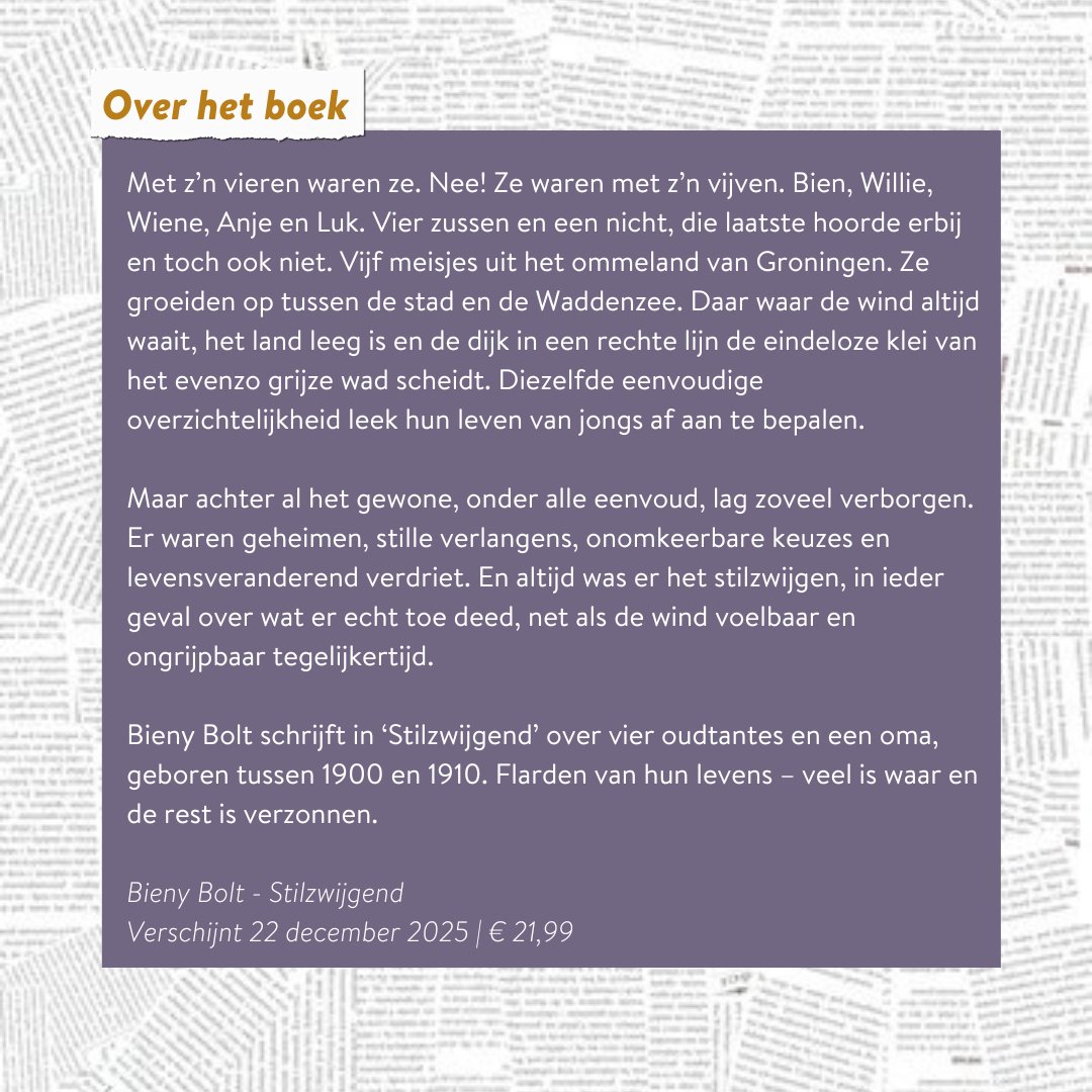 BINNENKORT VERSCHIJNT: ‘Stilzwijgend’ van Bieny Bolt ✨ 

‘Stilzwijgend’ gaat over vier oudtantes en een oma, geboren tussen 1900 en 1910. Flarden van hun levens – veel is waar en de rest is verzonnen. 
 
📚 👉  Pre-order jouw exemplaar nu via: palmslag.nl/boeken/stilzwi…