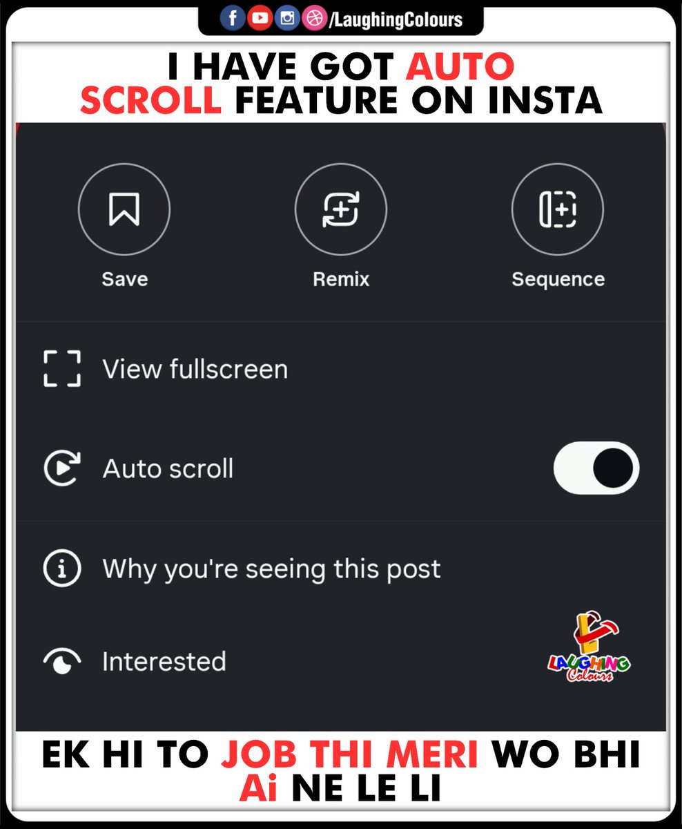 LaughingColours's tweet photo. Auto scroll steals jobs 😂

#Instagram #AutoScroll #TechHumor #AIMemes #Relatable #Funny https://t.co/bUZ0iV7H0x