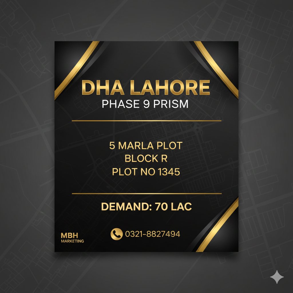 mbhmarkeeting's tweet image. Prime 5 Marla plot available in DHA Lahore Phase 9 Prism, Block R. Ideal location for investment and future living. Limited opportunity — contact now.

#DHALahore #Phase9Prism #5MarlaPlot #BlockR #RealEstatePakistan #PropertyForSale #InvestmentOpportunity #MBHMarketing