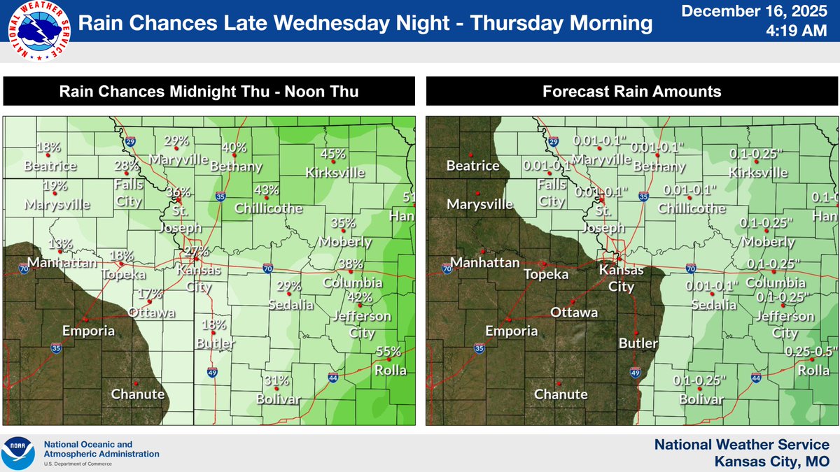 NWSKansasCity's tweet image. Above-normal temps  are forecast for the next week, with potential for 60+ degree highs heading into Christmas. Rain chances move through between midnight and noon Thu. Winds are expected to be strong and gusty on Thu, with gusts potentially exceeding 45 mph in the afternoon.