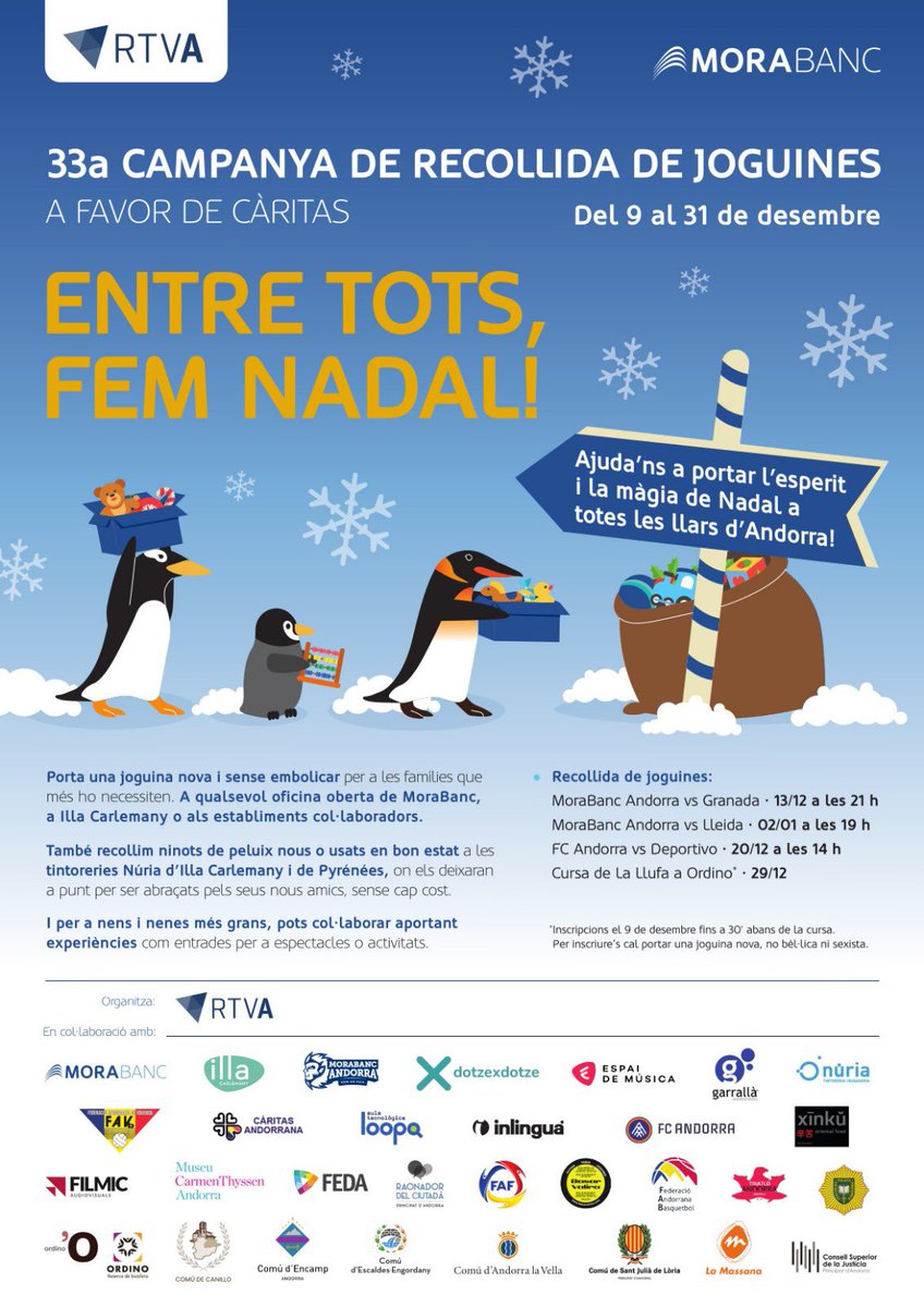 🎄Ens tornem a sumar a la campanya de recollida de joguines de <a href="/rtvandorra/">RTVA</a> a favor de Càritas perquè la màgia del #Nadal arribi a totes les llars del país✨

🎁 Pots portar una joguina nova i sense embolicar a qualsevol dels punts habilitats.

🗓️ Tens temps fins al 31 de desembre