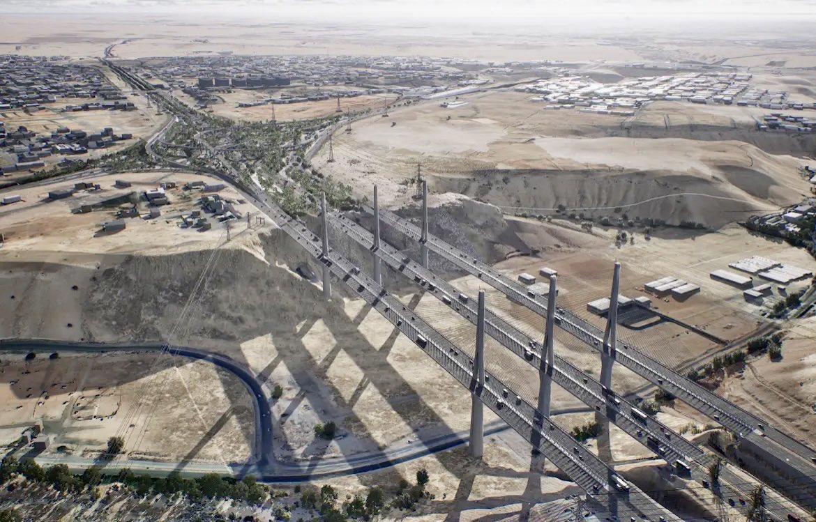 SaudiProject's tweet image. تسارع أعمال تنفيذ مشروع #الجسر_المعلق في الرياض حيث يجري تنفيذ الركائز العمودية ليصل ارتفاعها إلى 175 مترًا، وسيضم المشروع جسرين جديدين موازيين للجسر الحالي، بالإضافة إلى تطوير تقاطع طريق جدة مع الطريق الدائري الغربي