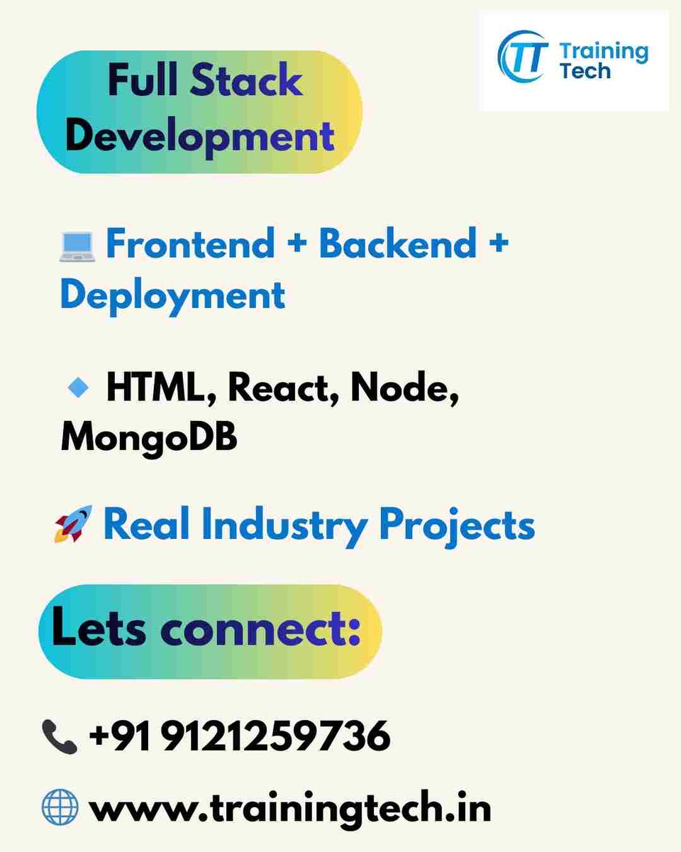 trainingtech984's tweet image. 💻 Full Stack Development
Learn HTML, CSS, JS, React, Node.js, APIs &amp;amp; Databases with hands-on projects. Become job-ready with real-world coding skills!
📞 +91 91212 59736 | trainingtech.in
#FullStackDevelopment #TrainingTech