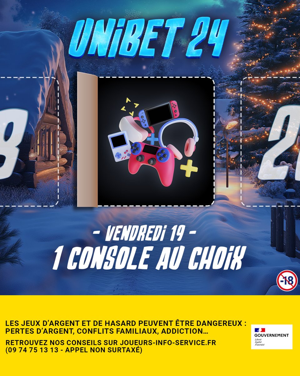UnibetFrance's tweet image. 🎄 𝗖𝗔𝗦𝗘 𝟭𝟵 - 𝗨𝗡𝗜𝗕𝗘𝗧 𝟮𝟰 ❄️

🎮 Au pied du sapin il y a ... La console de ton choix pour taper tes meilleures games ! 

👉 RT + Follow @UnibetFrance + #Unibet24